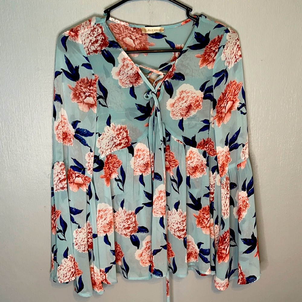 Altar'd State Women's M Blouse Floral Blue Pink